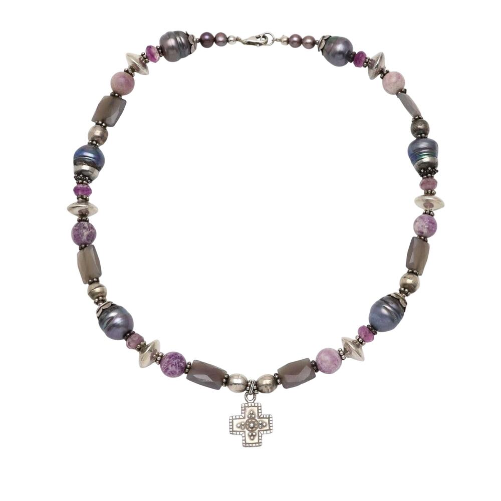 Vintage Sterling Silver 925 Pearl Agate Amethyst Cross Necklace 19"